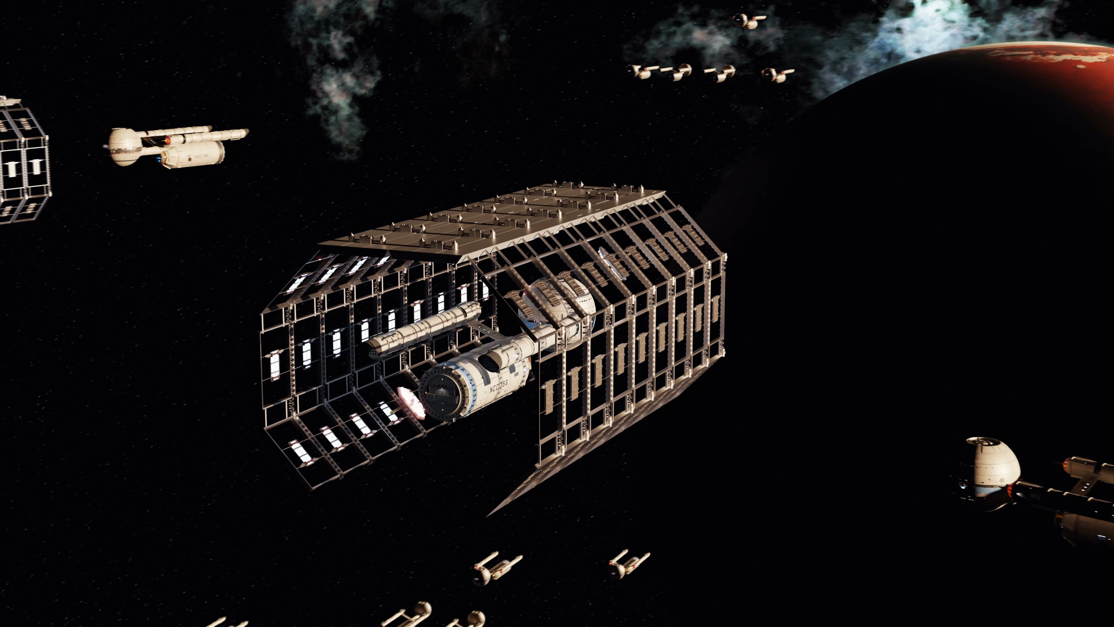 Drydock cage and Daedalus-class fleet at a red planet