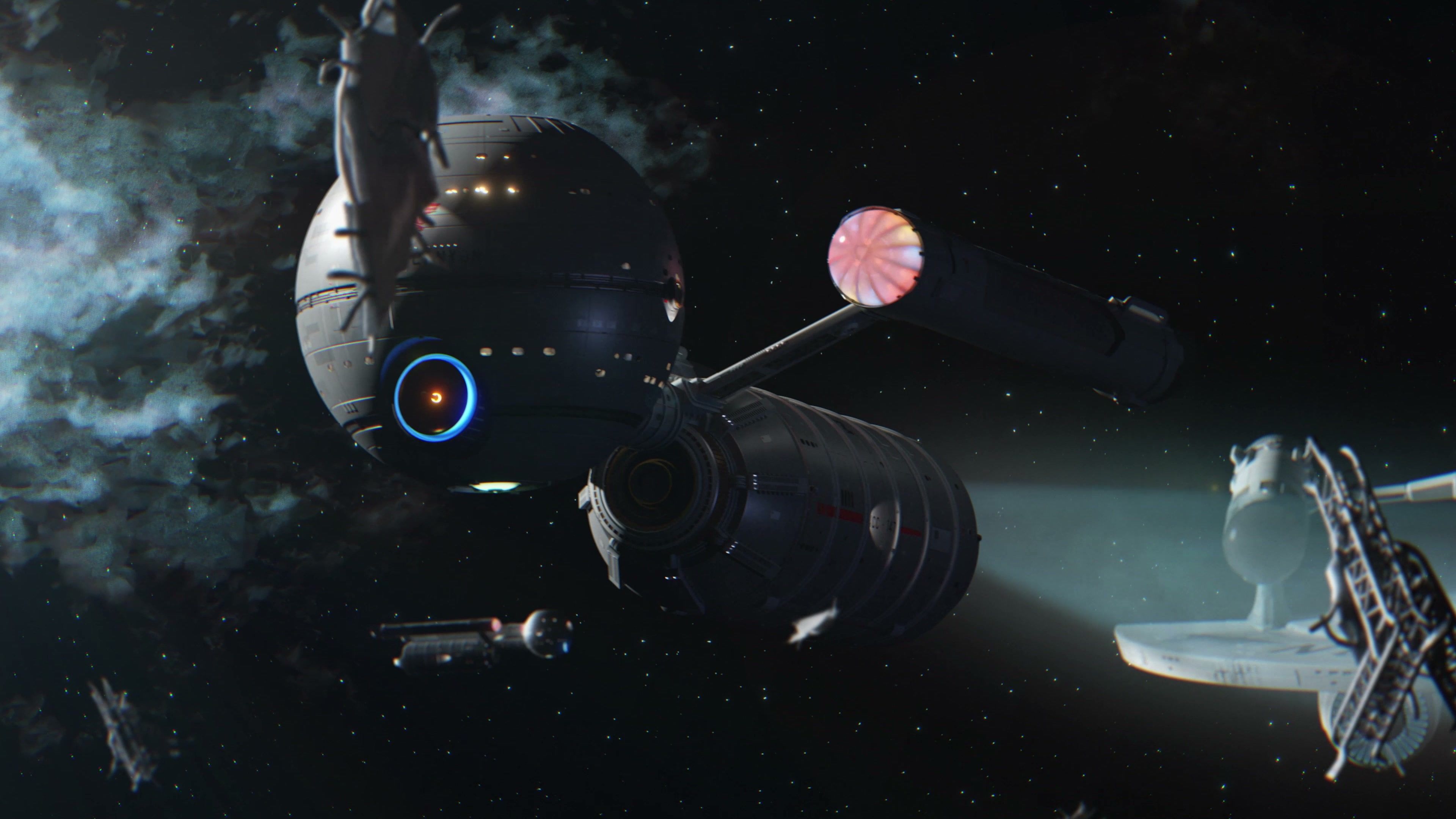 Damaged Daedalus-class with Klingon Bird-of-Prey and Constitution-class