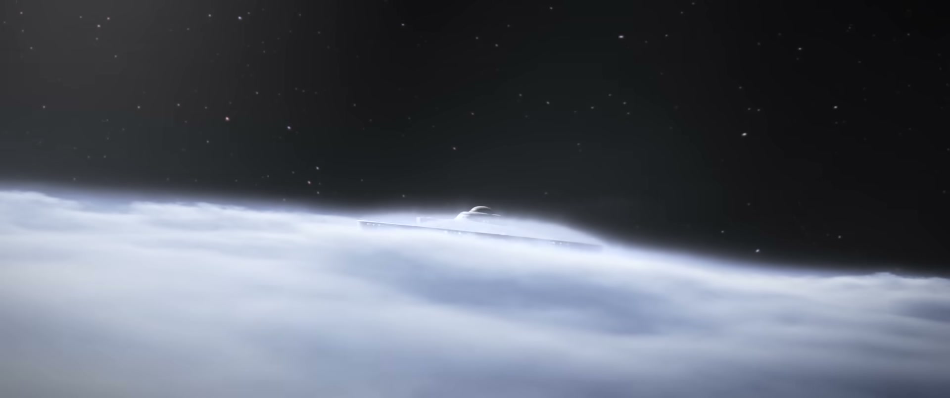 Starship above planetary cloud deck