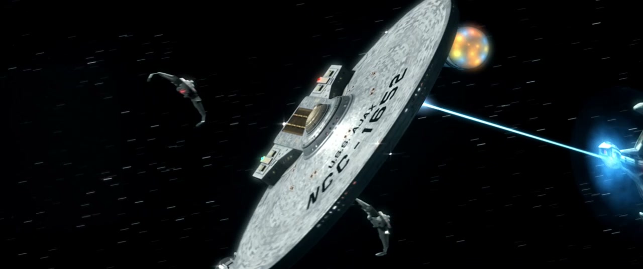 USS Ajax NCC-1652 in battle — blue phaser fire