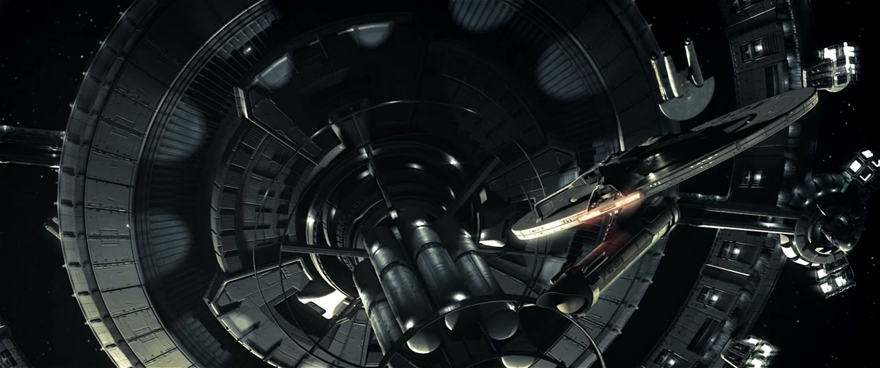 Starship departing a circular drydock