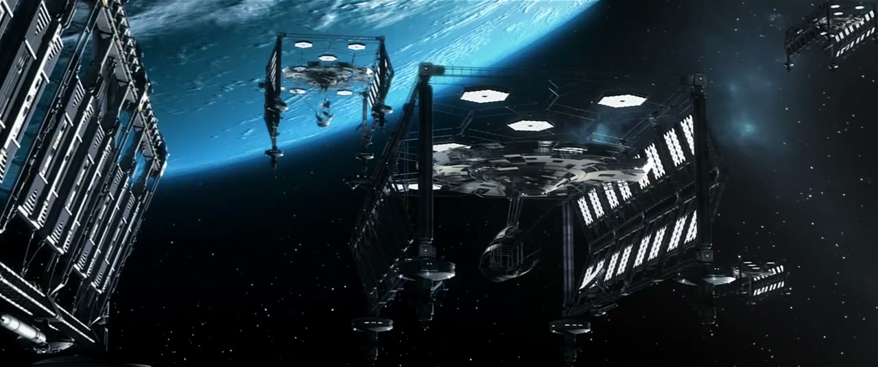 Orbital drydock cages over Earth