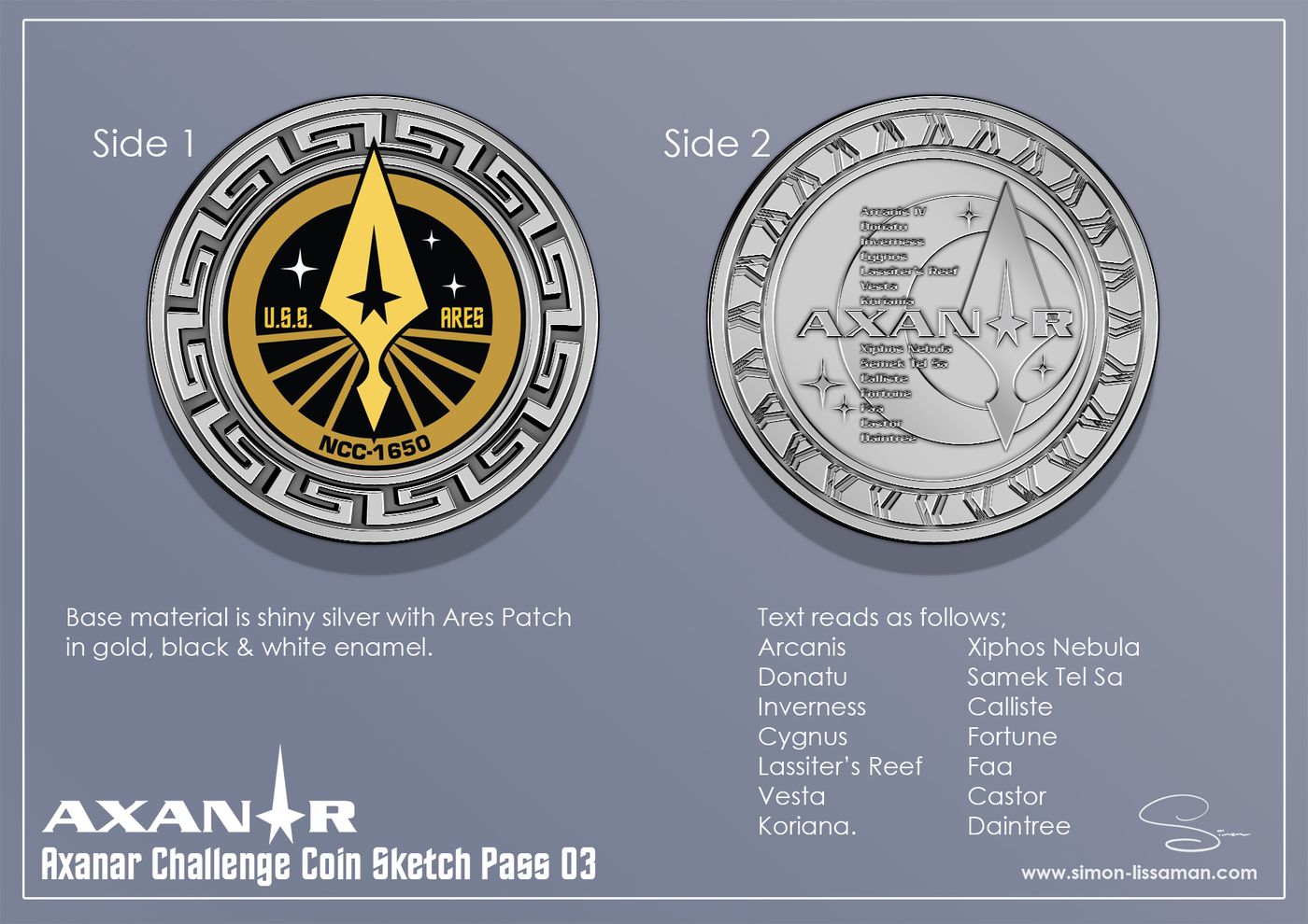 Recovered axanar brand identity artifact — Challenge Coin Sketch Pass 03. Catalogued by the Memory Alpha Historic Society from the Axanar production archive.