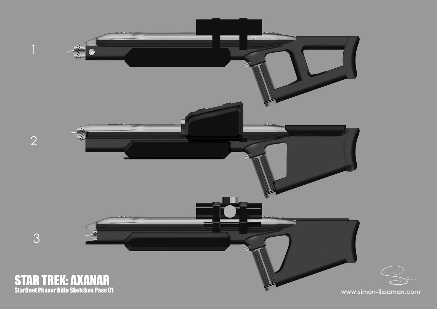 Recovered starfleet phaser design artifact — Starfleet Phaser Rifle Sketches Page 01. Catalogued by the Memory Alpha Historic Society from the Axanar production archive.