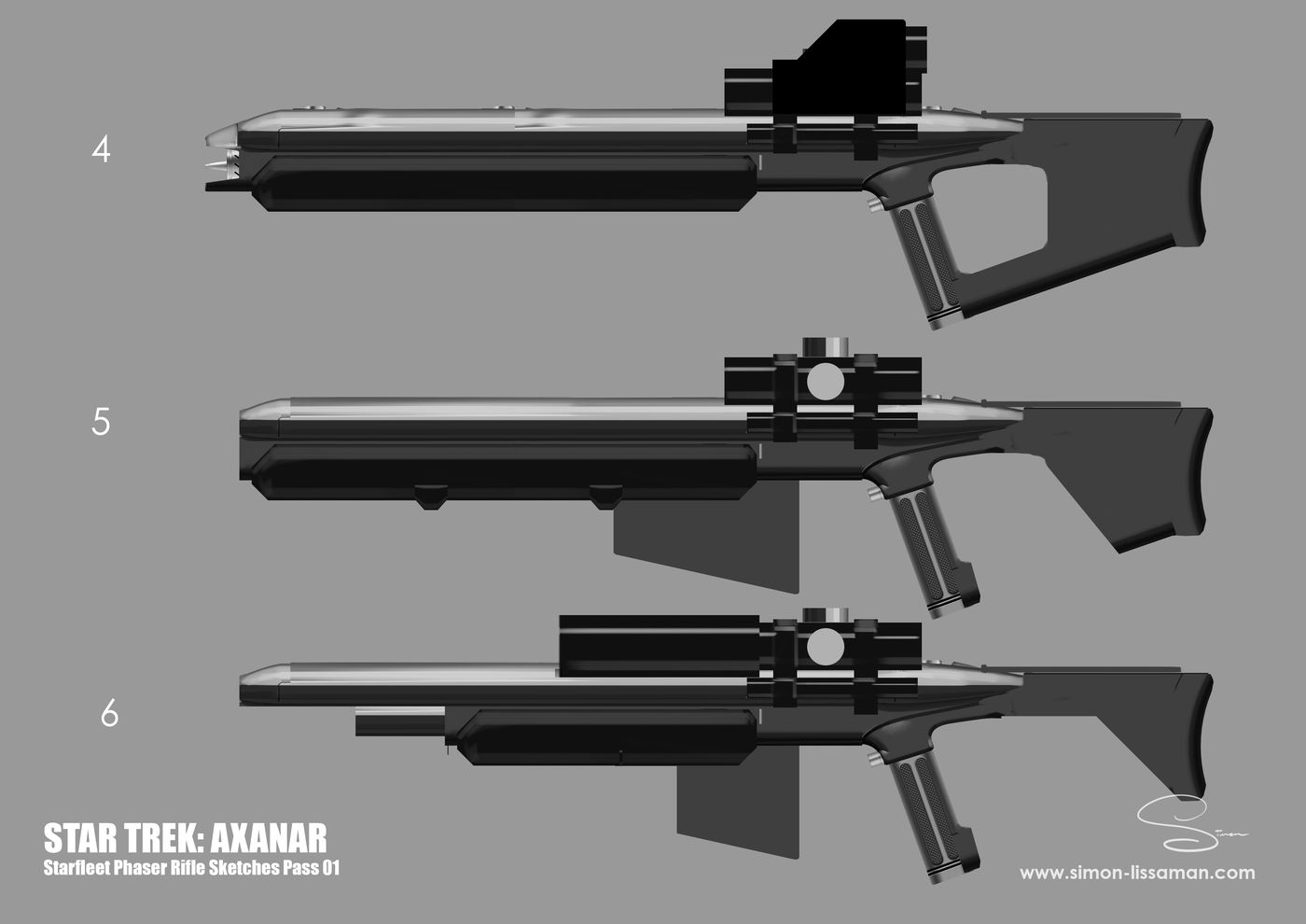 Recovered starfleet phaser design artifact — Starfleet Phaser Rifle Sketches Page 02. Catalogued by the Memory Alpha Historic Society from the Axanar production archive.