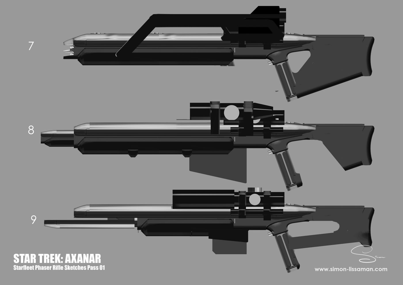 Recovered starfleet phaser design artifact — Starfleet Phaser Rifle Sketches Page 03. Catalogued by the Memory Alpha Historic Society from the Axanar production archive.